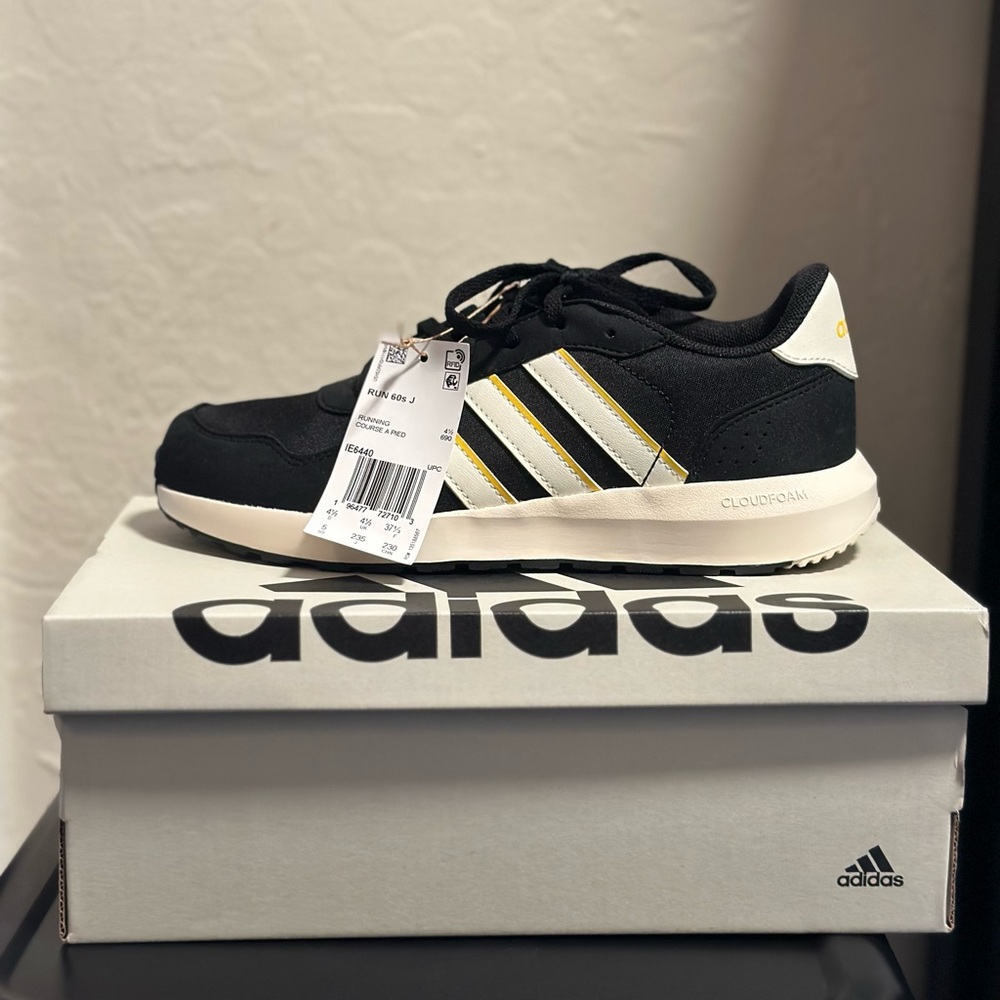 Adidas Black Sneakers with Gold & White Stripes - Run 60s kids shoes